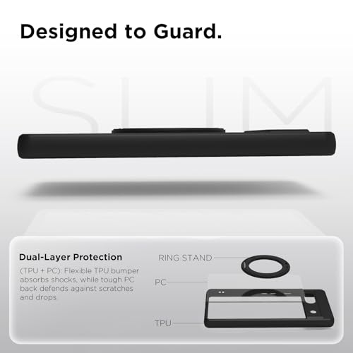 Image of RIGGEAR Shockproof Sleek Hybrid Armor 360 Rotating Magnetic Ring Stand Back Cover Case Compatible with MagSafe Accessories for Google Pixel 7A (Clear PC + Black TPU Bumper)