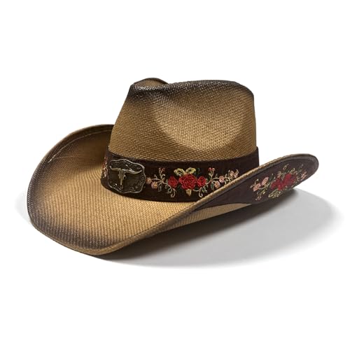 Image of Cowboy Hats for Women, Brown Cowgirl Hats Classic Straw Western Hats for Women Music Festival Party Beach.
