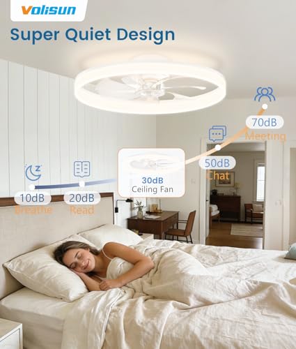 Image of VOLISUN Low Profile Ceiling Fans with Lights and Remote, 24in Fandelier Ceiling Fan Flush Mount, 3000K-6500K Smart Bladeless LED Fan Light, White Modern Ceiling Fans with Lights for Bedroom