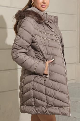 Bellivera Puffer Jacket Women,Lightweight Padding Bubble Hooded Coat with Fur Collar Warmth Outerwear 23707 Taupe L