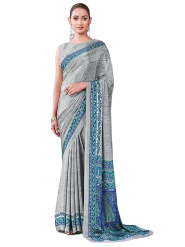 Image of Satrani Women's Crepe Printed Saree with Unstitched Blouse Piece