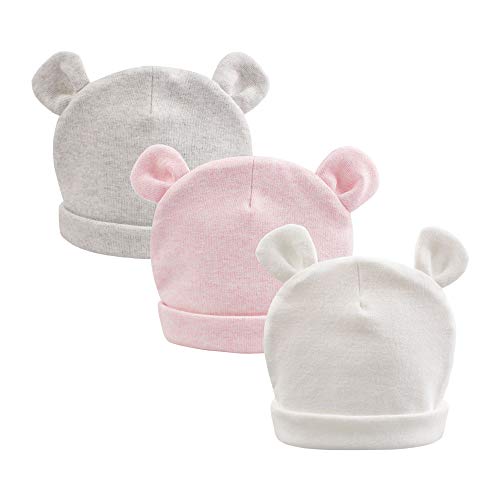 JANGANNSA Cotton Newborn Baby Girls Hat Spring Newborn Boys Hat Cute Bear Infant Beanie (White+Pink+Gray, Preemie/Newborn)