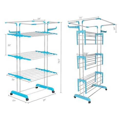 Image of H Houseware Foldable Cloth Drying Stand Stainless Steel 4 Tier Heavy-Duty Clothes Dryer for Balcony, Indoor & Outdoor Use | with Wheels & Hanger Slots | Rust-Proof Laundry Rack(Jumbo)