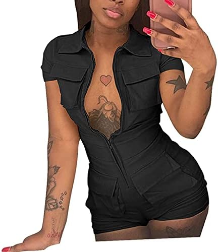 itnpbwus Jumpsuits for Women Elegant Summer High Waist Romper One Piece Outfit with Pocket Zip Front Short Sleeve Bodycon Clubwear Black XL