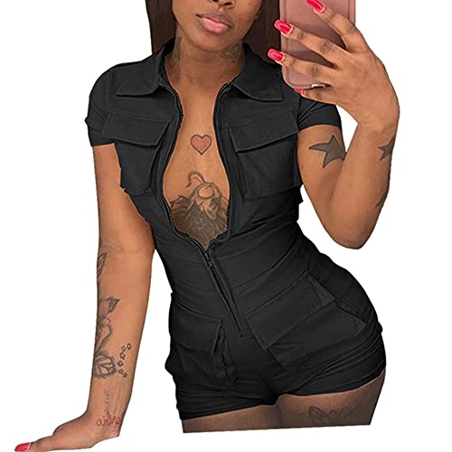 Itnpbwus Jumpsuits For Women Elegant Summer High Waist Romper One Piece Outfit With Pocket Zip Front Short Sleeve Bodycon Clubwear Black Xl #TOP2