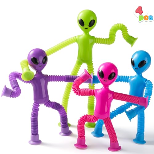 JOYIN 4 Pcs Pop Tubes Suction Cup Alien Toys, Autism Sensory Gifts Fidget Toys for Kids Toddler Boys Girls Year Ages 3 4 5 6 7 8 9 10 Birthday Party Favors Kids Travel Classroom Prize
