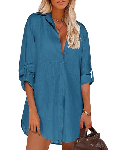 Image of HOTOUCH Women Boyfriend Shirts Button Down Long Sleeve Blouse Cuffed Sleeve Collared Shirt
