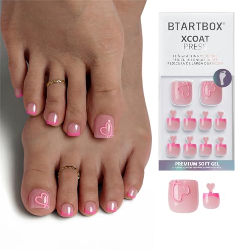 BTArtbox Press On Toenails - Soft Romance Lamp-Curable 4-Week Wear Hot Pink French Tip Square Toe Nail Press Ons with Glue and Adhesive Tabs Easy-to-Apply in 15 Sizes - 30 Toenails All-in-One Kit