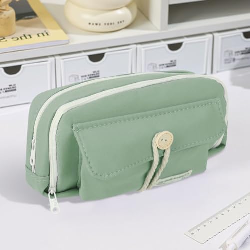 Image of Zibuyu Aesthetic Pencil Pouch for Girls & Boys Double Layer Zip-Up School Pouch, Canvas Pen Storage Organizer Fashion Stationery Pouch for Students, Office Supplies(21x11x7.5cm, Green)
