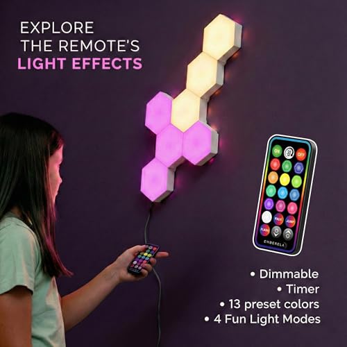 Image of Emberela HEXlights Sensory Lights for Kids - 7pk Touch Hexagon Lights, Remote Controlled - Autism-Friendly Tap Tap Wall LED Panels for Sensory Room - Table Stand Included