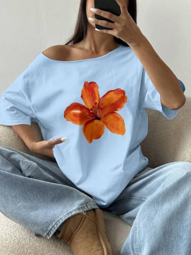 Image of SXV STYLE Women's Off Shoulder Top, Yellow, Orange Floral Print, 3 /4 Sleeve, Casual Loose Fit
