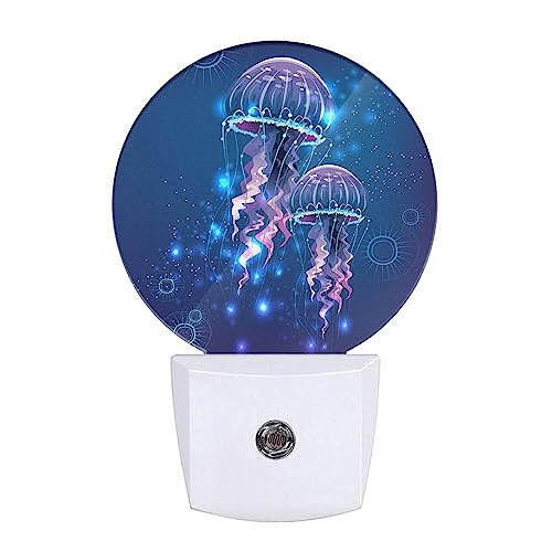 Image of Jellyfish Nightlight Exotic Sea Ocean Creature Aquatic Animals Night Lights Plug into Wall Dusk to Dawn Sensor Round Night Light for Adults Boys Girls, 0.5W Energy Efficient