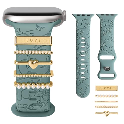 Charm+Band for Apple Watch Bands 40mm 41mm 38mm 44mm 45mm 46mm 42mm Women,Floral Engraved Silicone Sport Band+Decorative Ring Loops for iWatch Series 11 10 9 8 7 6 5 4 SE/Ultra 49mm 3/2,Jewelry Strap by Wowstrap - Used condition - US$8.18