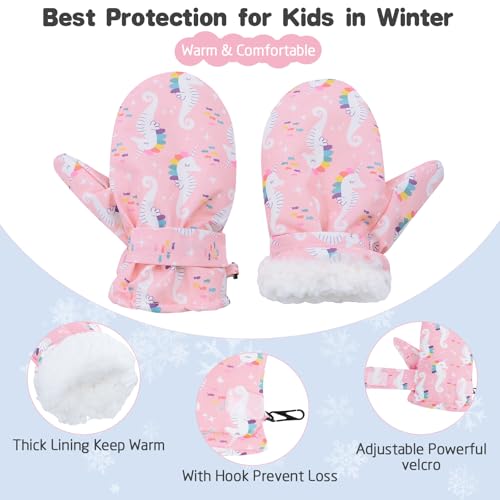 Image of American Trends Lined Fleece Toddler Mittens Winter Warm Gloves Child Ski Waterproof Snow Baby Mittens for Boys Girls, A Pink Seahorse, L (Fits 4-6 Years)