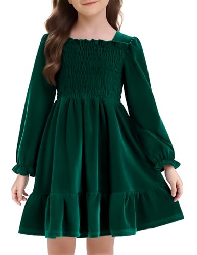 Girls Long Sleeve Dress Velvet Square Neck Midi Fall Winter Long Sleeve Vintage Plain Dress 4-12Y