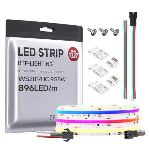 Image of BTF-LIGHTING FCOB COB LED Strip WS2814 IC RGBW 3000K Flexible High Density Color Chasing Uniform Light 9.8FT DC24V 896LED /m 16IC /m 12mm Width for Home DIY Lighting Projects(No Adapter or Controller)