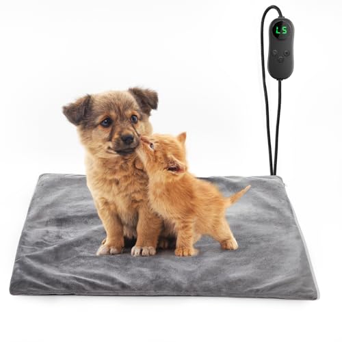 Haustier Heizkissen für Katzen Hunde, 45 * 45cm, 5 einstellbare Timer und 6 einstellbare Temperaturen, Haustier-Heizmatte, wasserdicht, ideal für Welpen/Hunde/Katzen/Kaninchen