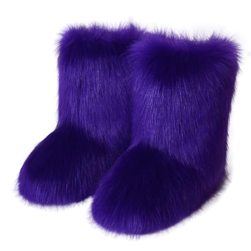 Eosxrp Furry Faux Fur Boots Women's Winter Shoes Woman Fluffy Warm Snow Boots Mid-Calf Comfortable Outdoor Flat