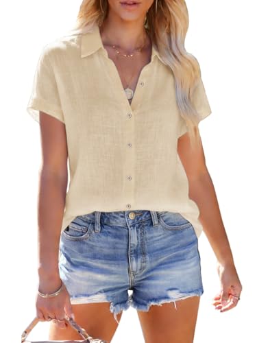 Linen Shirts for Women Short Sleeve Button Down Shirts Casual Solid Blouse Vacation Beach Summer Tops Concert Outfit - Apricot XL