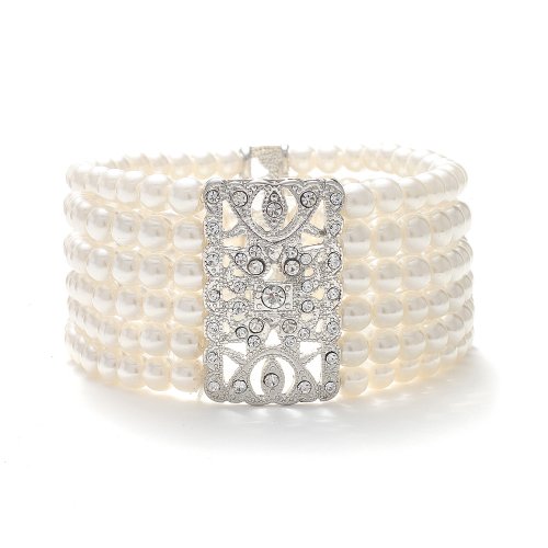 Mariell Ivory Glass Pearl and Crystal Vintage Stretch Bracelet with 6-Rows - Glamorous Art Deco Jewelry