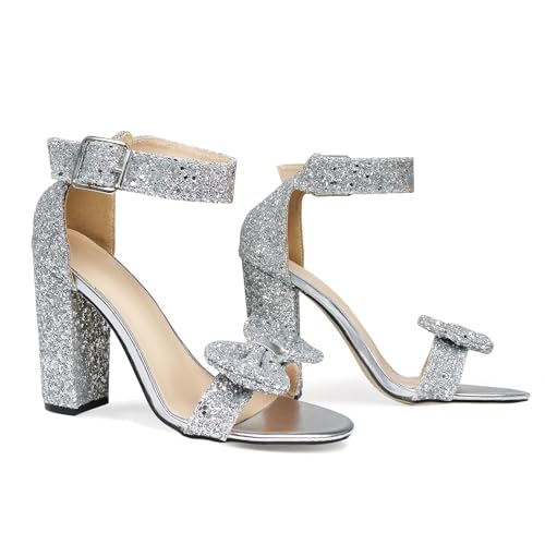GATUXUS Women's Chunky High Heels Sandals Glitter Bow Open Toe Ankle Strap Block Heel Dress Shoes3