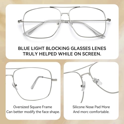 Image of Dollger Oversized Blue Light Glasses for Men Classic Clear Lens Non Prescription Metal Aviator Square Frame Glasses Women