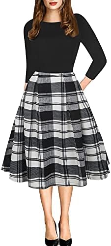 oxiuly Women's Vintage Patchwork Pockets Puffy Swing Casual Party Dress OX165
