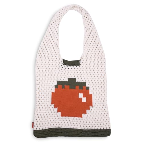 ban.do Crochet Produce Market Bag, Cotton Yarn Crocheted Tote, Pixelated Tomato