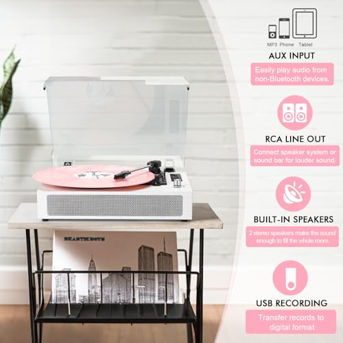 Image of Vinyl Records Player Bluetooth with Bulit-in Speaker Vintage Record Player with USB Recording EQ Mode Support Belt-Driven 3-Speed Turntable AUX-in RCA Out, White