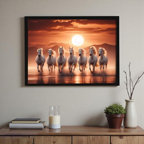 Image of 7 White Running Horses Vastu with Sunrise Framed Wall Art Painting for Living Room | Seven Horse Wall Painting With Frame Symbol of Success Wall Art for Home & Office, 17x23 Inch