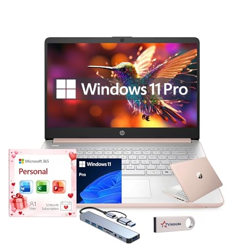 Image of HP Laptop 14 inch HD, Intel Celeron N4500, 1-Year Office 365 & Copilot AI, 16GB RAM, 512GB SSD+64GB eMMC, 8-in-1 HUB & USB Flash Drive, Windows 11 Pro, Light & Slim, 4K Graphics, Pale Rose Gold