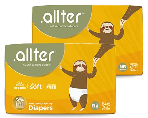 .allter Organic Bamboo Diapers – New Born (NB) Size (upto 4kg) | 68 Count (Pack of 2) | Rash Free, Super Dry, Quick Absorb, Taped Style, Ultra Soft Diapers | Explorer