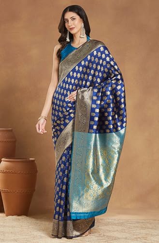 Image of Janasya Women's Sea Green Linen Blend Geometric Woven Design Jacquard Saree with Blouse Piece