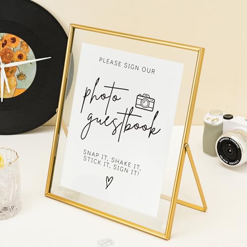 Image of Calculs Wedding Photo Guest Book Sign, 10x12 Gold Floating Picture Frame | Double glass metal frame, fits 8x10 insert, photo guest book station, reusable tabletop frame for signs and photos