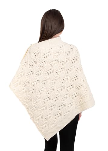 Image of SAOL Aran Poncho 100% Merino Wool for Ladies with Buttons V-Neck Shawl Cardigan