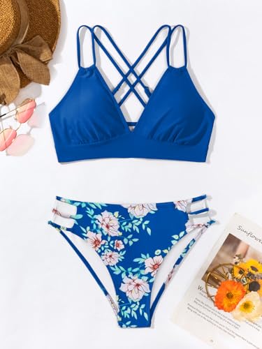 Image of Fanuerg Women's Sexy V Neck Bikini Sets Hollow Out Two Piece Swimsuits Cutout Mid Waist Bathing Suit