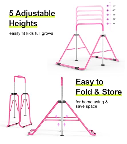 Safly Fun Gymnastics Bar for Kids 3-9, Foldable & Adjustable 35"-51", Supports 140Lbs with Pad, Easy to Assemble, Gymnastics Equipment for Indoor/Outdoor Training