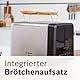 Bosch Kompakt Toaster DesignLine TAT4P420DE, integrierter Edelstahl-Brötchenaufsatz, mit Abschaltautomatik, mit Auftaufunktion, perfekt für 2 Scheiben Toast, Liftfunktion, 970 W, Edelstahl/schwarz