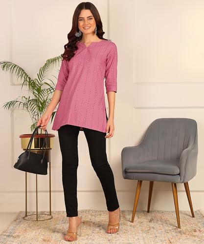 Image of DSK Studio Women's Cotton Short Kurti with Notch Neck Line 3 /4th Sleeves Abstract Pattern Short Length and Regular Fit Pack of 3