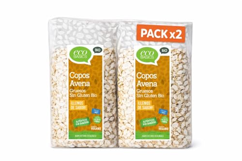 Pack 2x Copos Integrales de Avena Gruesos Sin Gluten EcoBasics Bio 500 g | 2 Bolsas de 500 g (Total 1 kg) | Avena Ecológica Sin Gluten | Ideal para Porridge y Granola
