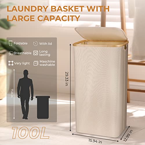 Yamagahome Laundry Basket With Lid, 100L Large Laundry Collector Storage Basket With 2 Removable Washable Laundry Bags, Foldable Big Laundry Sorter Made Of Bamboo And Oxford Fabric For Bedrooms #TOP2