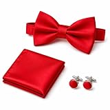 AHEZQILU Noeud Papillon Homme Rouge Satiné Réglable noeud papillon rouge Ensemble avec Pochette et Boutons de Manchette, Cravate Pré Nouée Élégante pour Mariage Soirée Costume Homme Adulte