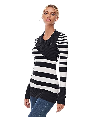 AmélieBoutik Women Asymmetric Neckline Striped Long Sleeve Tunic Sweater2