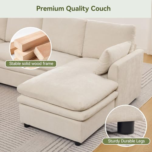 Image of 85 inch Sectional Couches with Left Chaise, Comfy Deep Dual-Layer Cushion Couch, 4 Seater L Shaped Couch, Modern Modular Sofa, Chenille Sofas for Living Room, Apartment, Beige