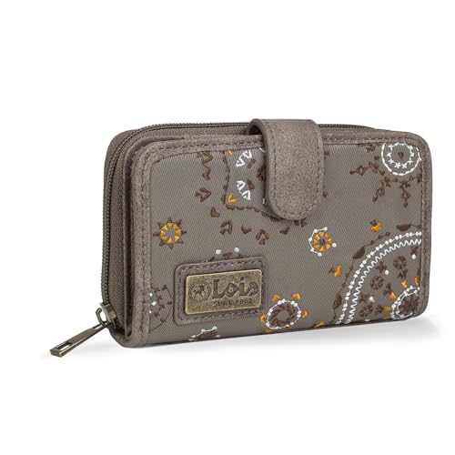 Lois   Cartera Estampada con Bordados para Mujer con Motivos Mandala Fabricada en Lona y Cuero PU para Uso Diario con Cierre Cremallera y Botón 304414, Color Marron