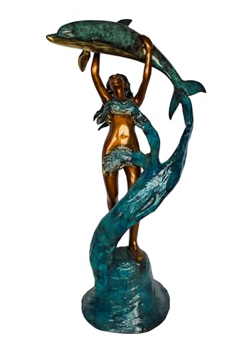 Nifao Bronze Mermaid Fountain Statue – Enchanting Mermaid Lifting Dolphin Sculpture with Flowing Water Feature – Handcrafted Lost Wax Casting with Multi-Tone Patina – Outdoor Garden 25' x 24' x 57'H