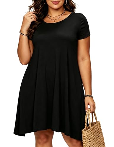 Image of Afibi Womens Short Sleeve Loose Pockets Dress Casual Swing T-Shirt Dresses