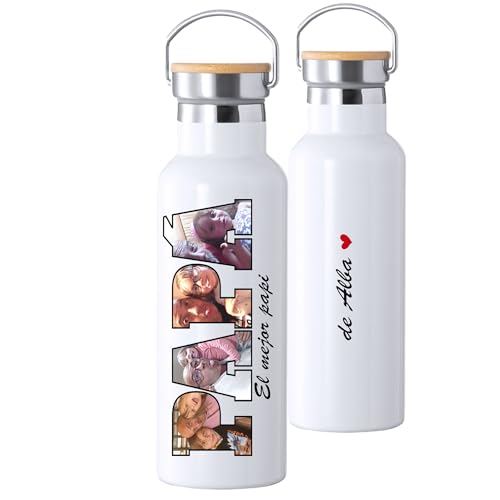 Botella PAPA de Agua Térmica Personalizada con Fotos, 500ml, Diseño Fútbol, Tapa de Bambú, Regalo para Papá, botella de acero inoxidable, regalo dia del padre. (PAPA CORAZON)