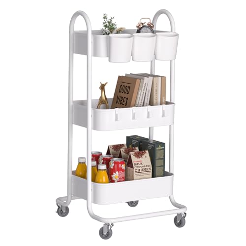 Image of Newlemo 3-Tier Metal Rolling Cart,Utility Storage Carts with Wheels,Art Cart,Craft Cart,Small Roller Cart Organizer for Office Living Room Kitchen Bathroom Laundry (White)