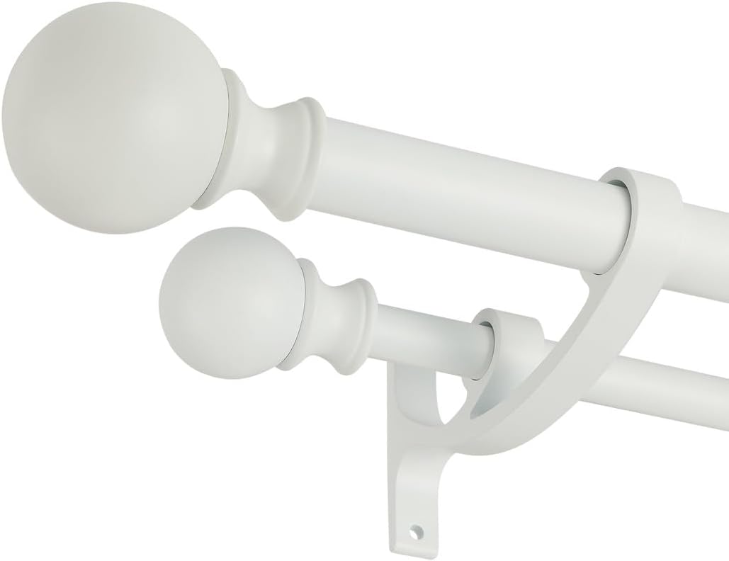 Matte White Double Curtain Rods - 28-48 Inch Decorative Drapery Rod with Round Finials